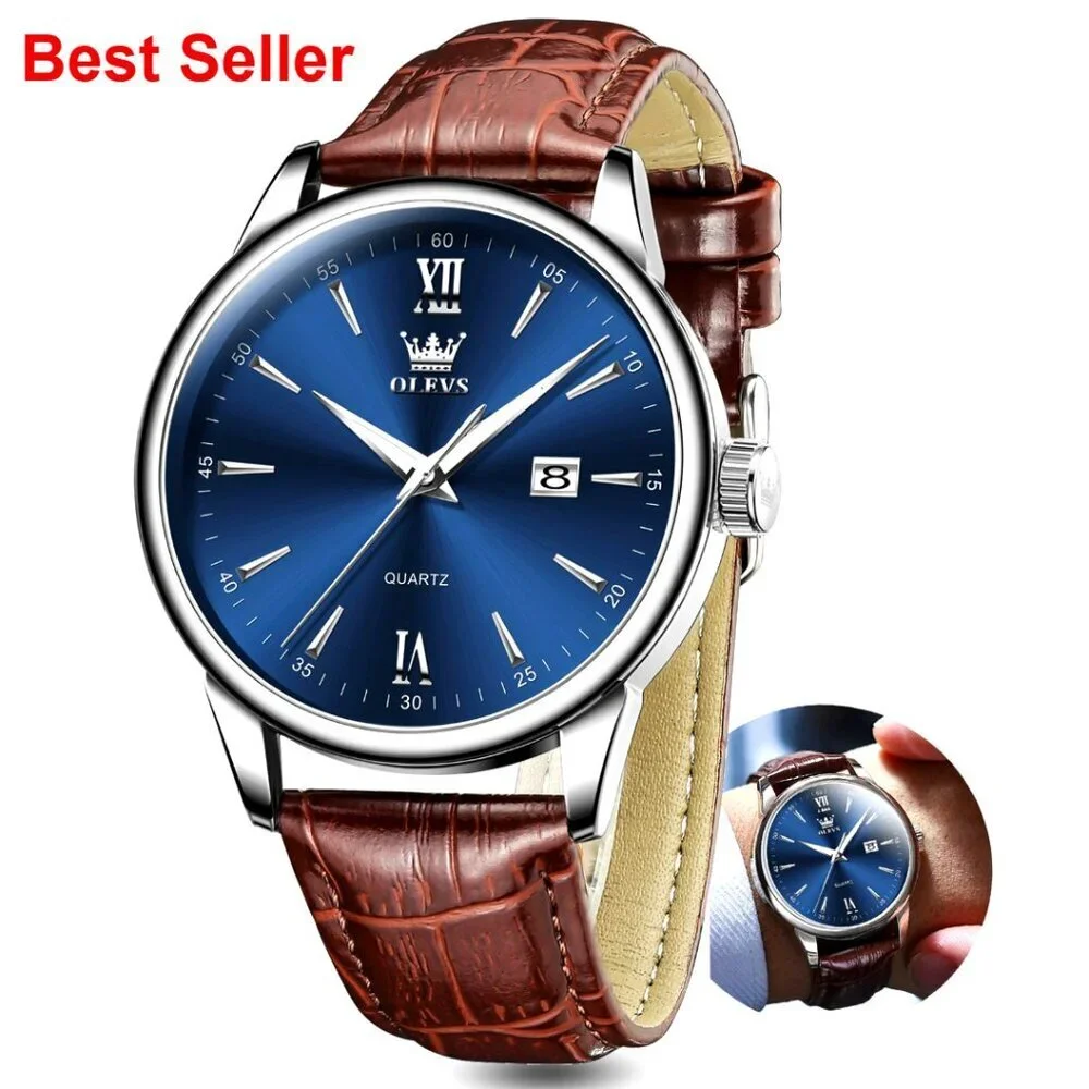 Stainless Steel Men's Watch with Leather Band, Waterproof, Date Display